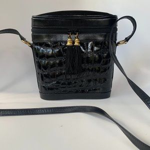 STUART WEITZMAN "Indy" Black Patent Leather Croc Shoulder "Bucket" Bag